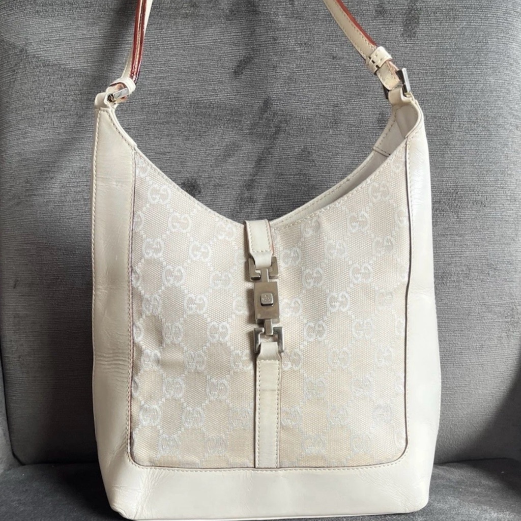 Vintage Gucci Jackie White Gg Monogram Bag Well Worn